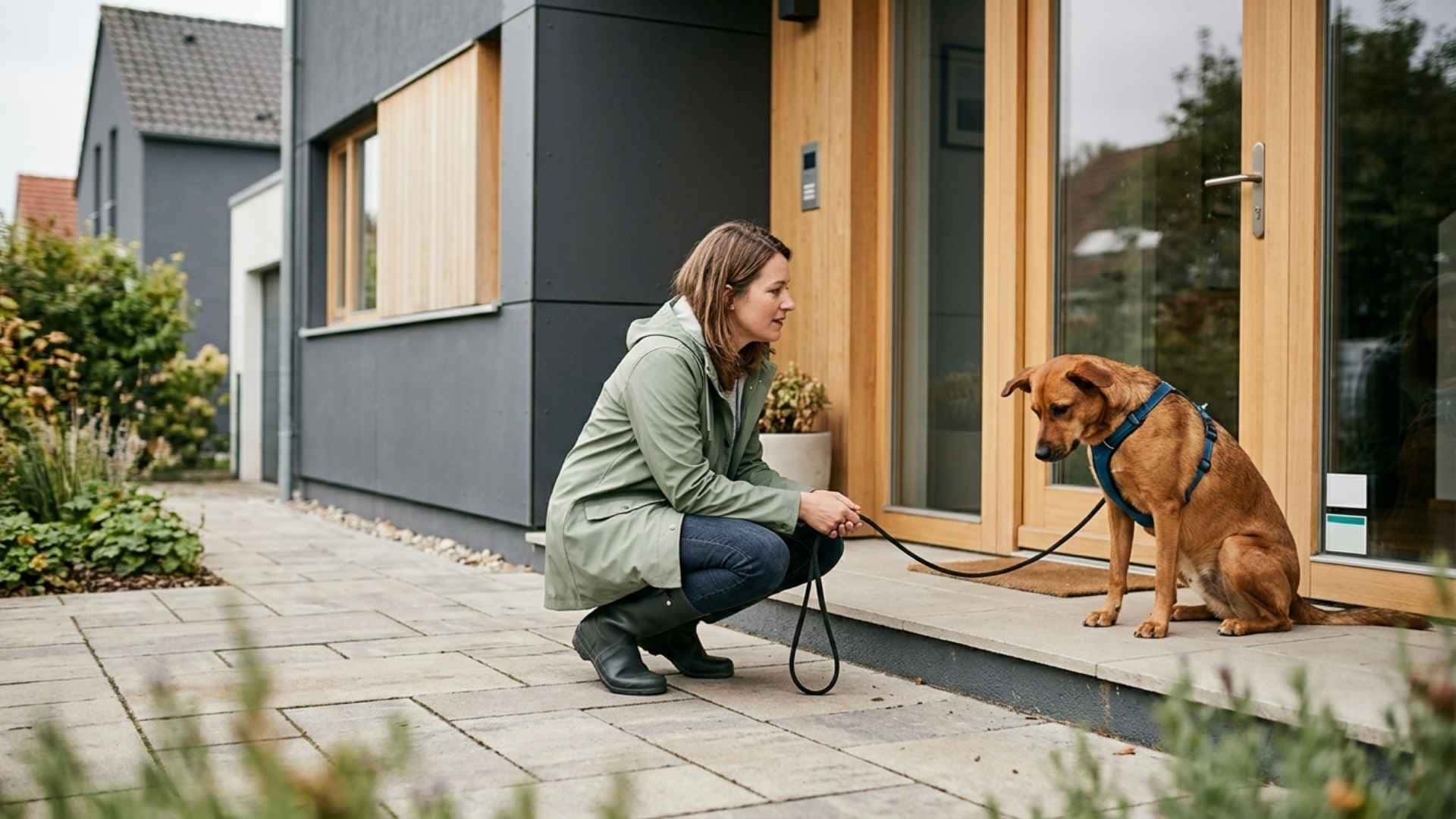 perro en la puerta de casa que no quiere salir de paseo